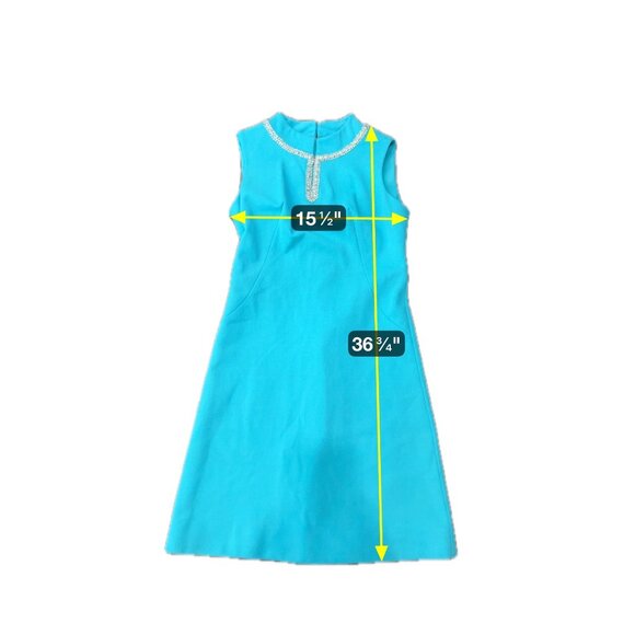 Vintage Sleeveless Turquoise Dress Rhinestone Collar Back Zipper Closure - Picture 5 of 7